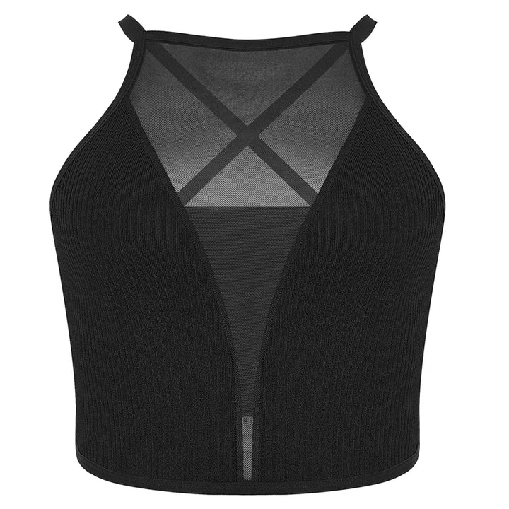 Women’s Mesh Backless Crop Top crafted from ribbed fabric, with a black sleeveless halter design, features a sheer mesh X-shaped panel at the chest and a deep V-cutout at the front.
